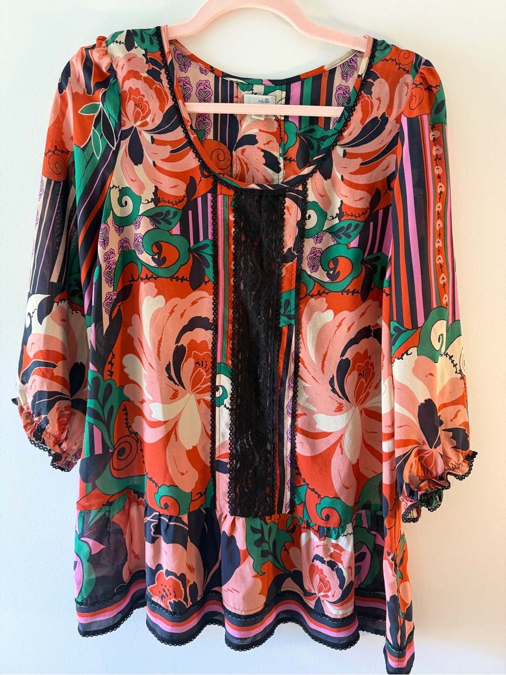 Odille Anthropologie 100% Silk Floral Boho Blouse Size 6 Lace Trim Peasant Top